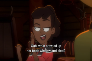 Mariner is making a sly face. Caption reads: Ooh. What crawled up her boob window and died?
