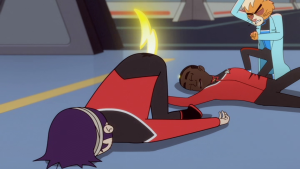 Boimler is passed-out, hunched over, with a lightening bolt in the bum.