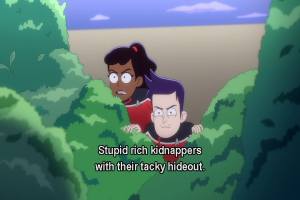 Boimler and Mariner are hiding in a bush. Caption reads: Stupid rich kidnappers with their tacky hideout.