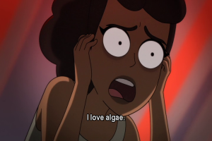 Closeup on a horrified Mariner. Caption: I love algae!